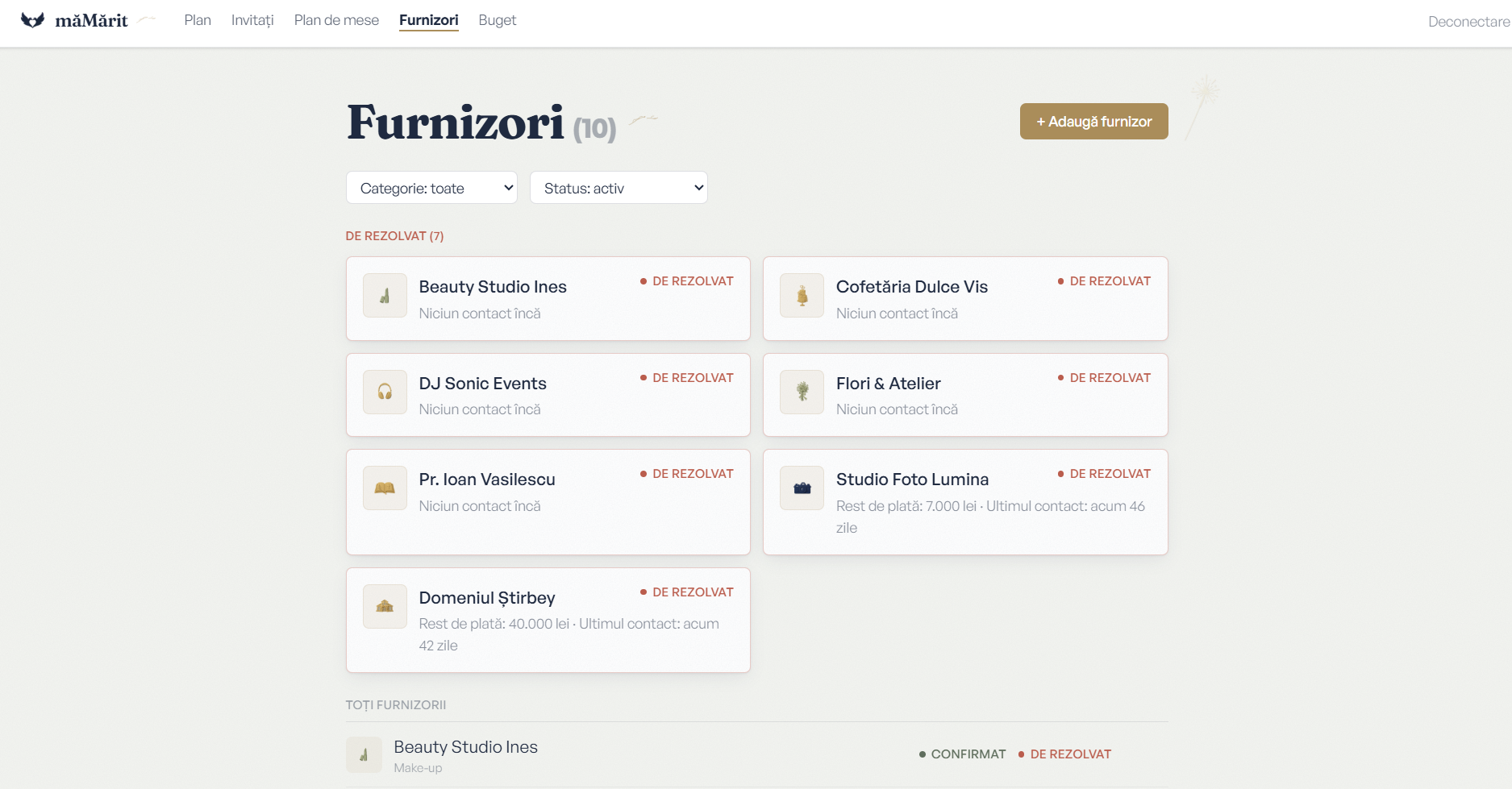 Lista de furnizori din măMărit.eu, cu furnizorii de rezolvat semnalați în capul listei